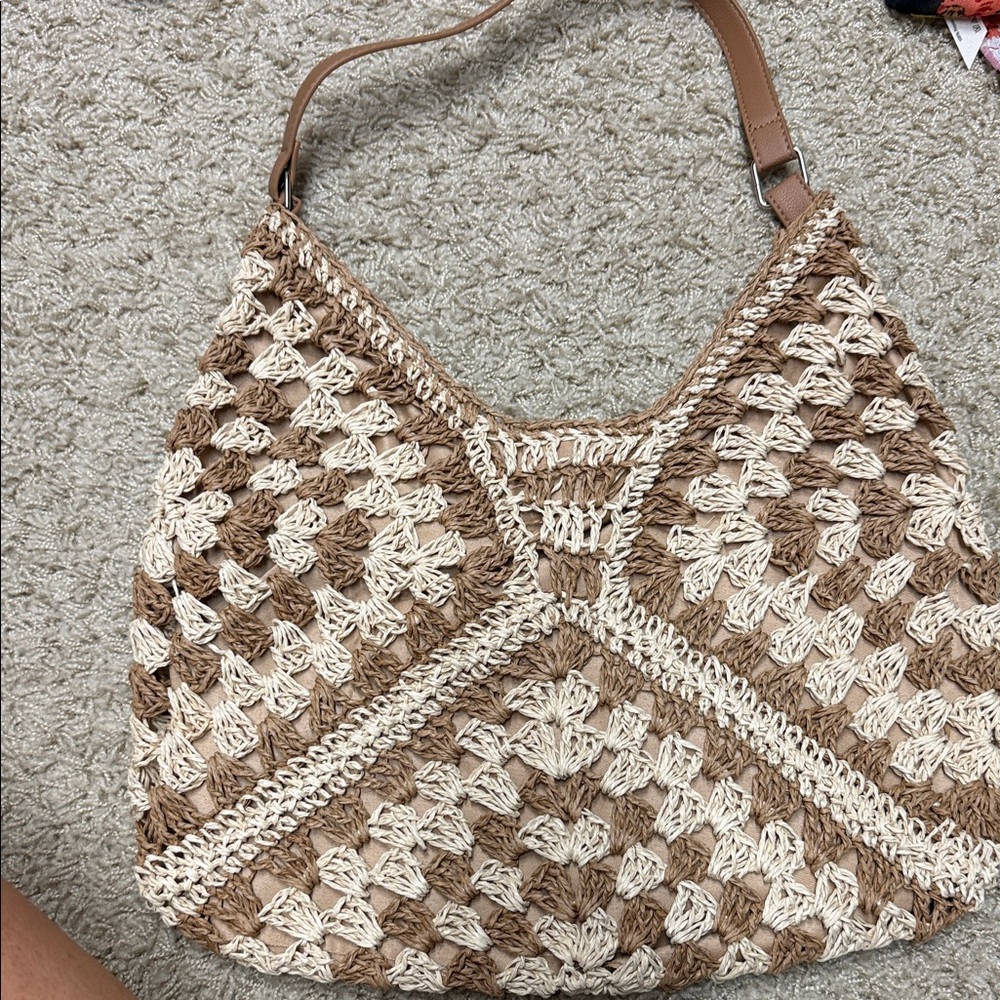 Stylish Tan and Cream Crochet Women Bag